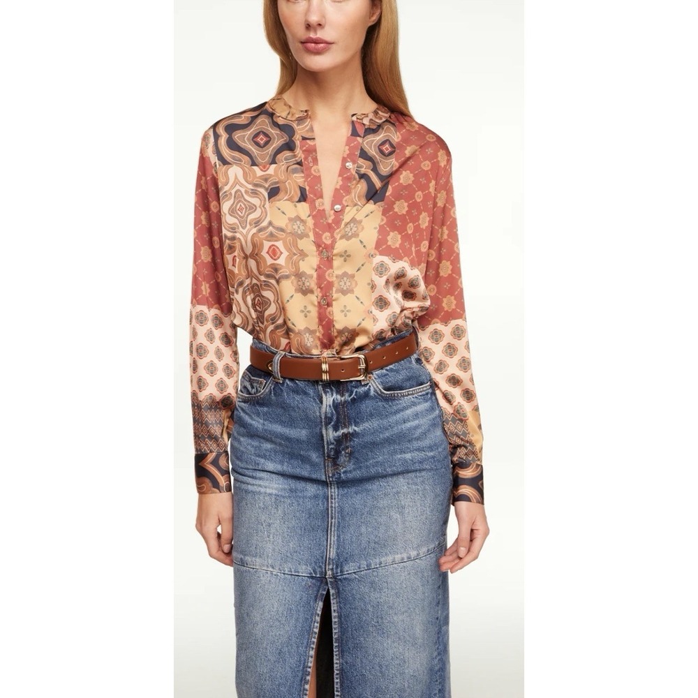 MISA Los Angeles Frankie Top Surreal Patchwork Satin Blouse Boho Shirt Womens S
